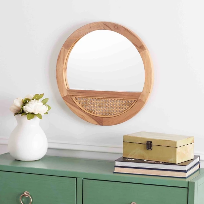 Round Natural Wood and Cane Wall Mirror