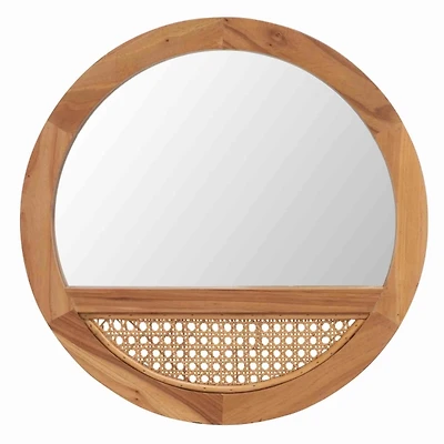 Round Natural Wood and Cane Wall Mirror