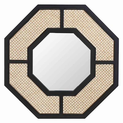 Black and Natural Cane Octagon Wall Mirror