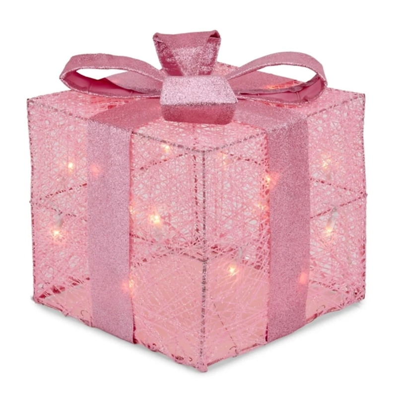 Pre-Lit Pink Christmas Gift Box, 10 in.