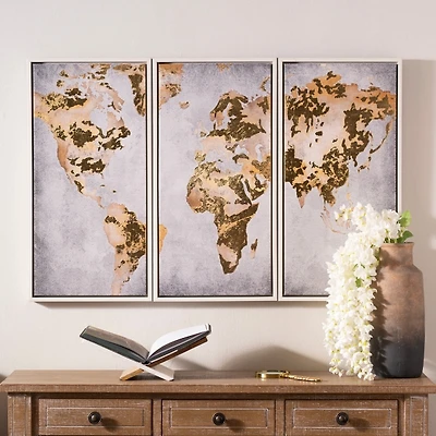 Gold World Map Framed Canvas Art Prints, Set of 3