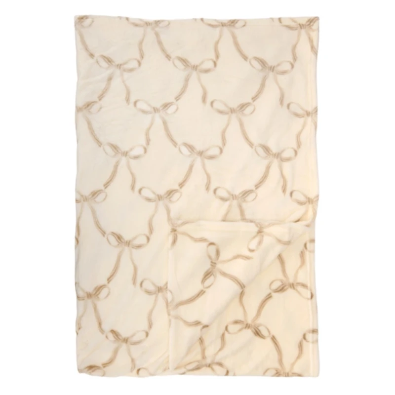 Tan and White Flowy Bows Plush Throw