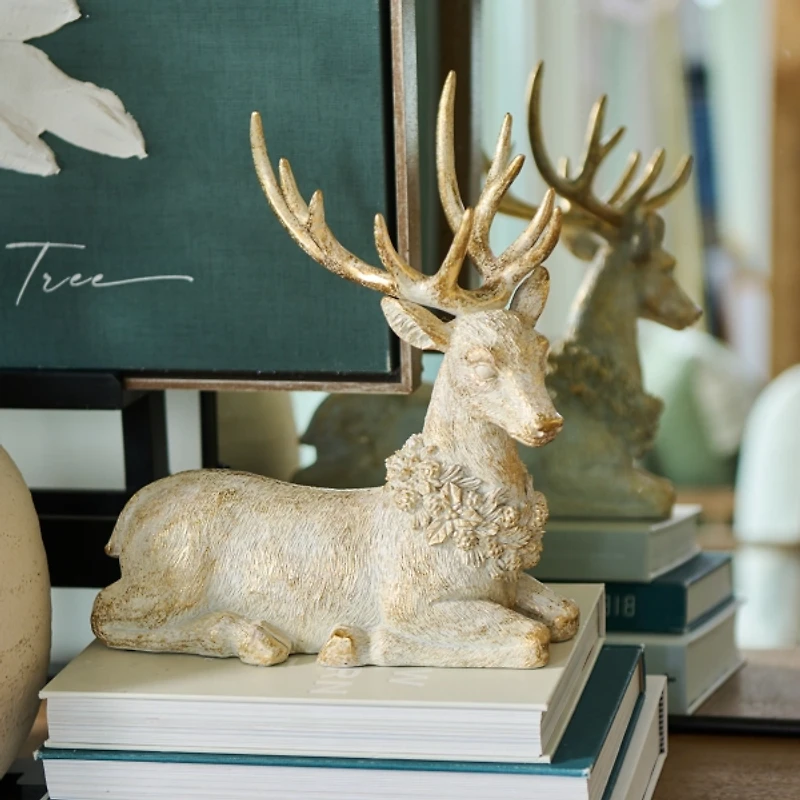 Gold Patina Sitting Deer Christmas Decoration
