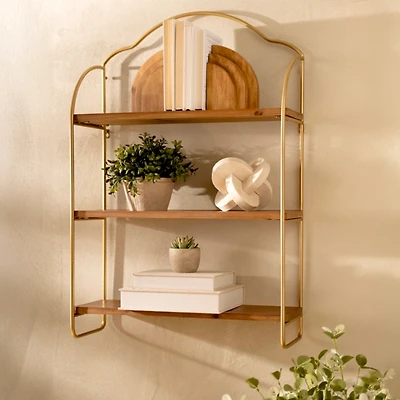 Gloria Gold Metal and Wood 3-Tier Wall Shelf