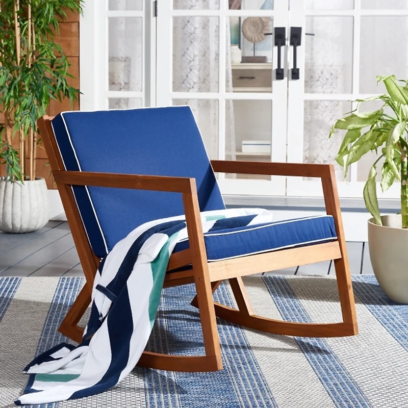 Wooden Outdoor Rocking Chair with Navy Cushions