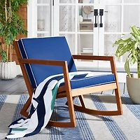 Wooden Outdoor Rocking Chair with Navy Cushions