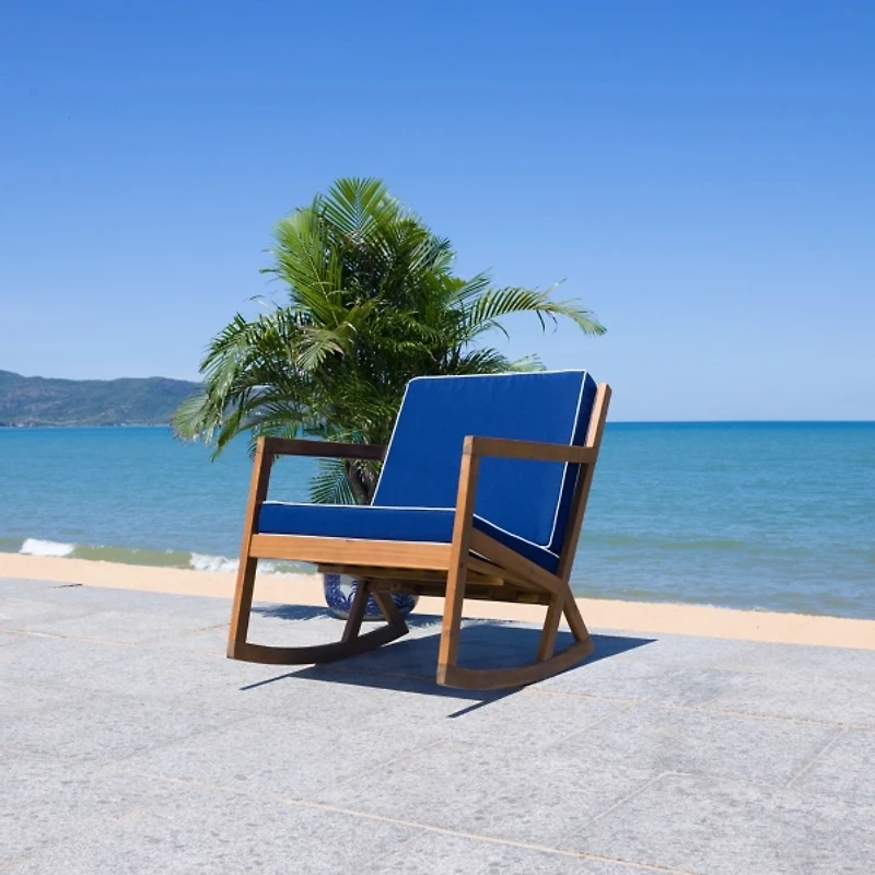 Wooden Outdoor Rocking Chair with Navy Cushions
