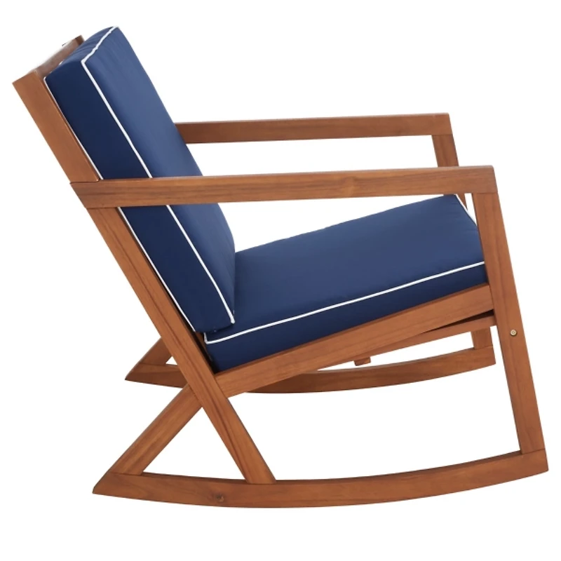 Wooden Outdoor Rocking Chair with Navy Cushions