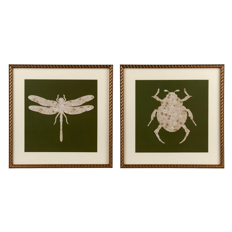 Green Floral Insects Framed Art Prints, Set of 2