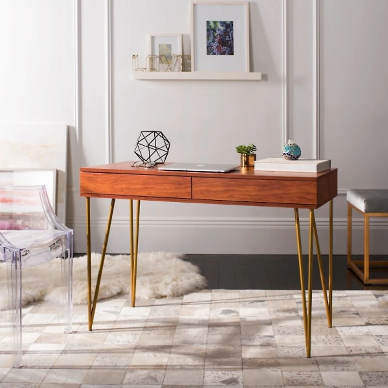 Natural Wood and Gold Mid-Century Desk