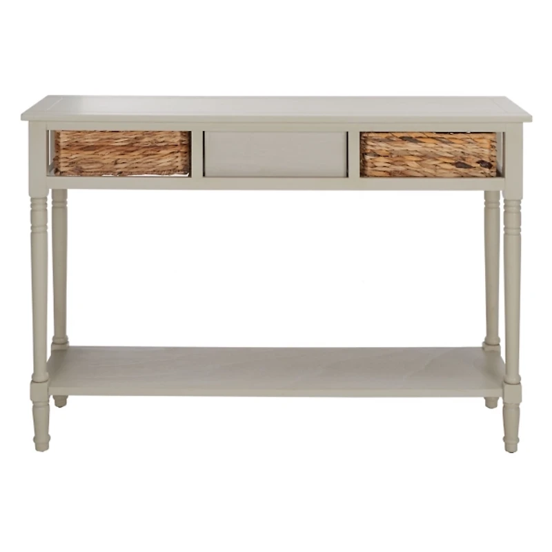 Gray Pine Wood Rattan Drawer Console Table