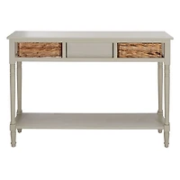 Gray Pine Wood Rattan Drawer Console Table