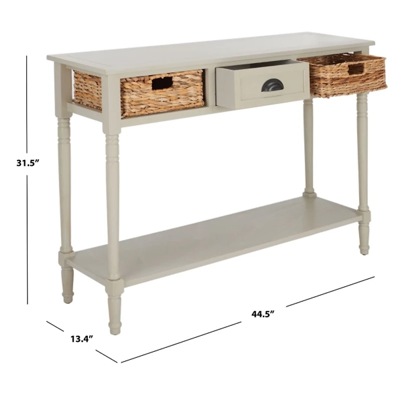 Gray Pine Wood Rattan Drawer Console Table