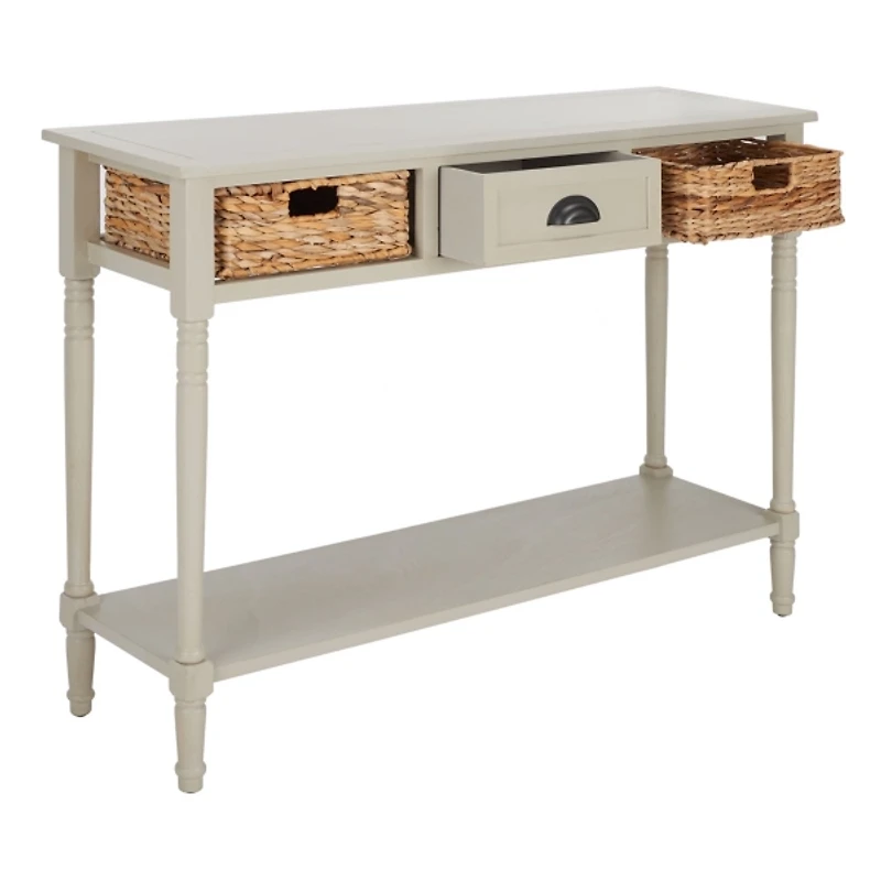 Gray Pine Wood Rattan Drawer Console Table