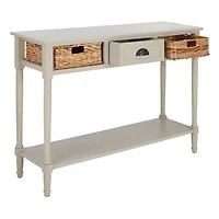 Gray Pine Wood Rattan Drawer Console Table