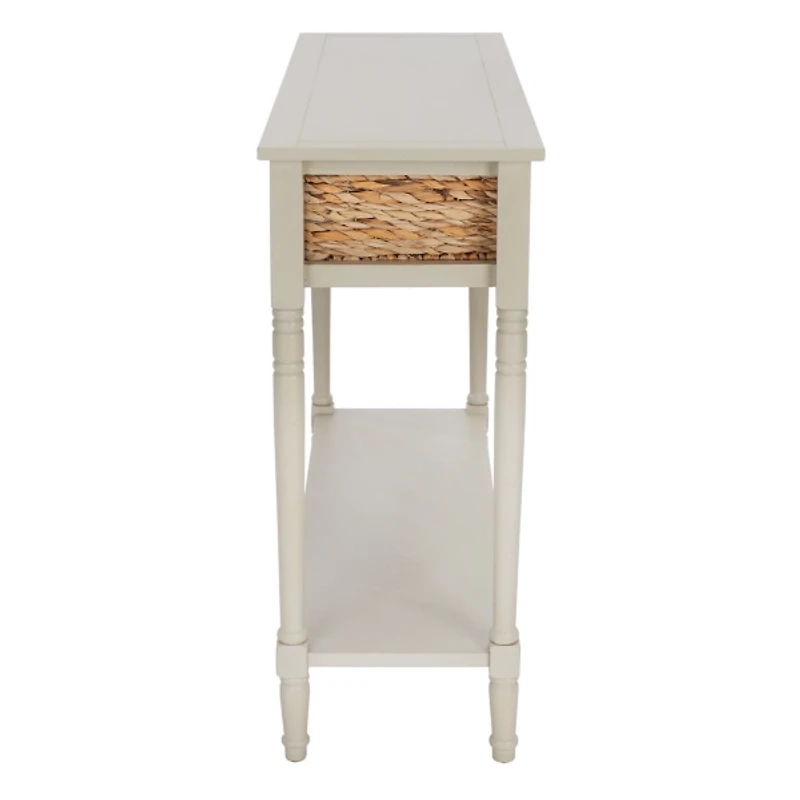 Gray Pine Wood Rattan Drawer Console Table