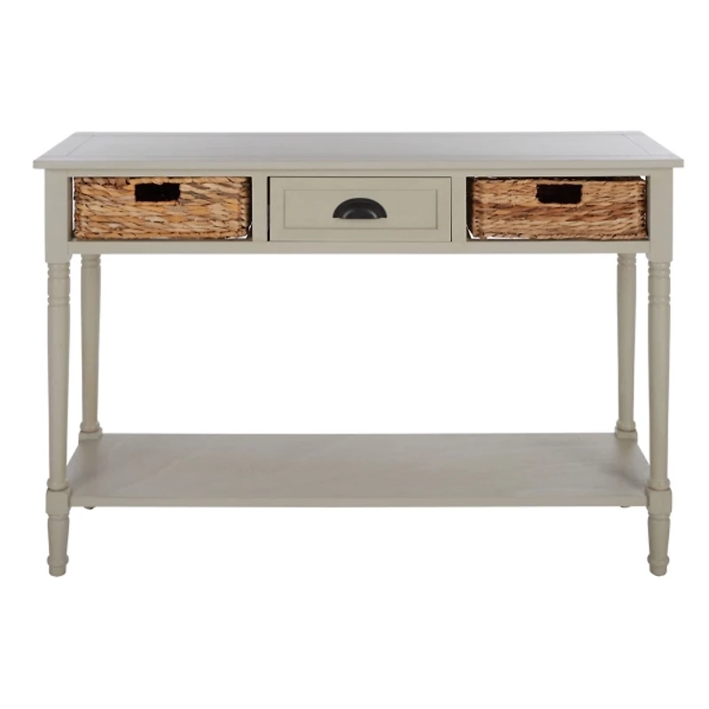 Gray Pine Wood Rattan Drawer Console Table