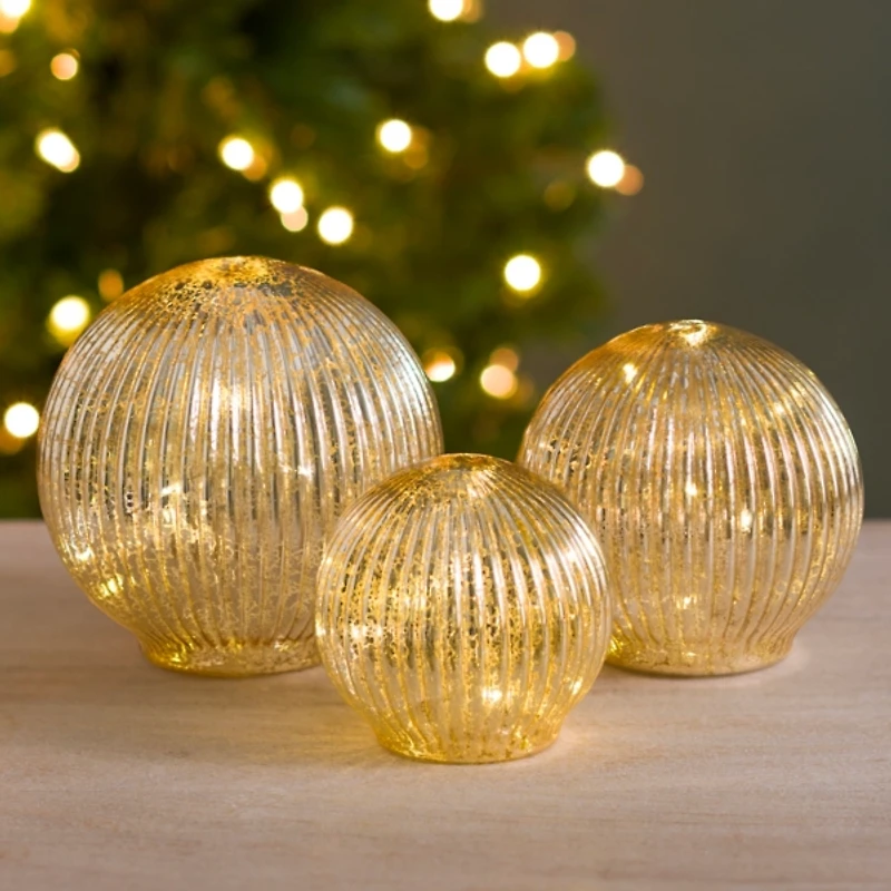 Pre-Lit Gold Mercury Glass Ribbed Orbs, Set of 3