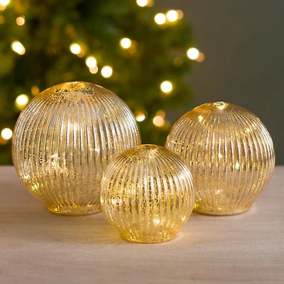 Pre-Lit Gold Mercury Glass Ribbed Orbs, Set of 3