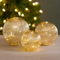 Pre-Lit Gold Mercury Glass Ribbed Orbs, Set of 3