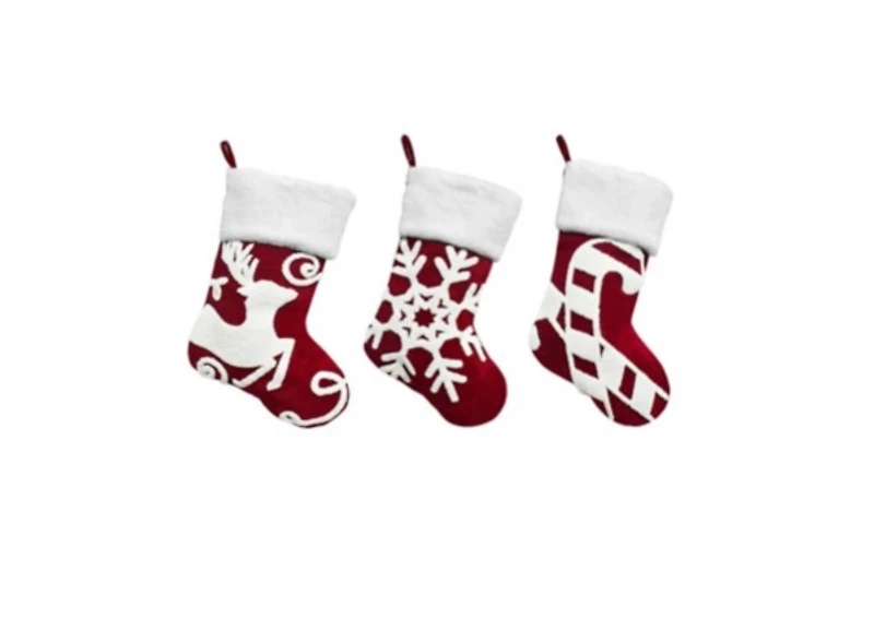 Red and White Embroidered Stockings, Set of 3