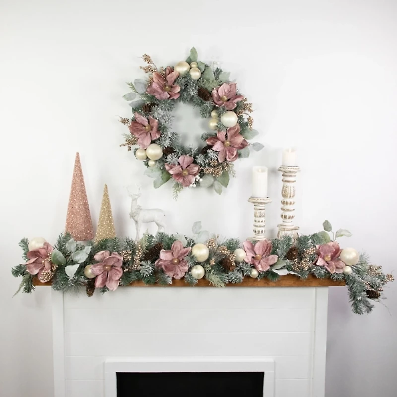 Pink Poinsettia and Ornaments Wreath