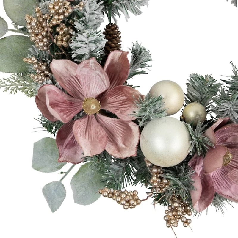 Pink Poinsettia and Ornaments Wreath