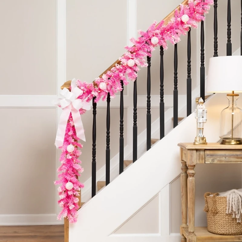 Pre-Lit Pink Flocked Pine Garland