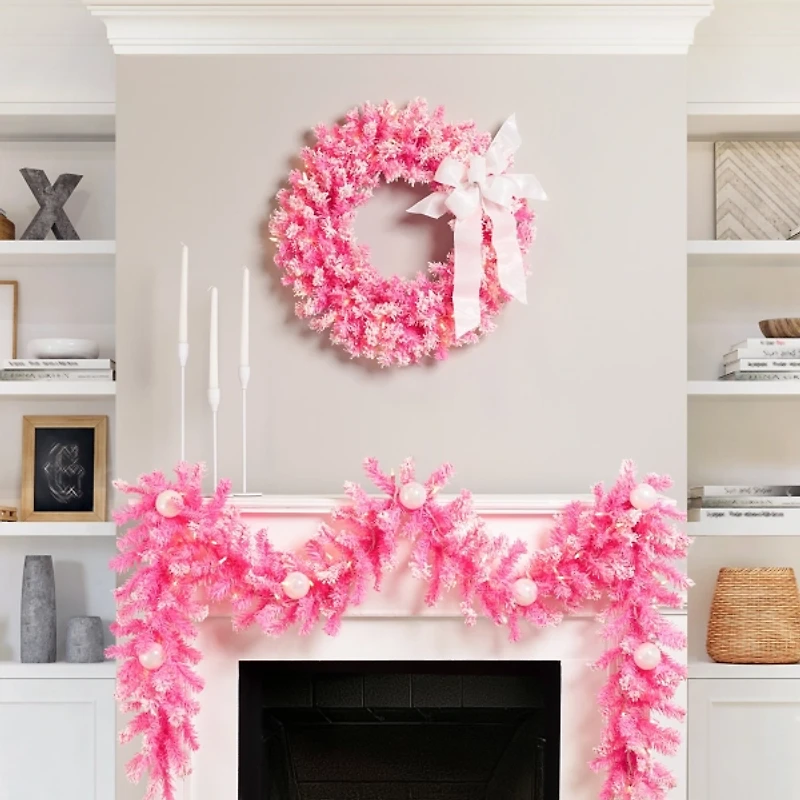 Pre-Lit Pink Flocked Pine Garland