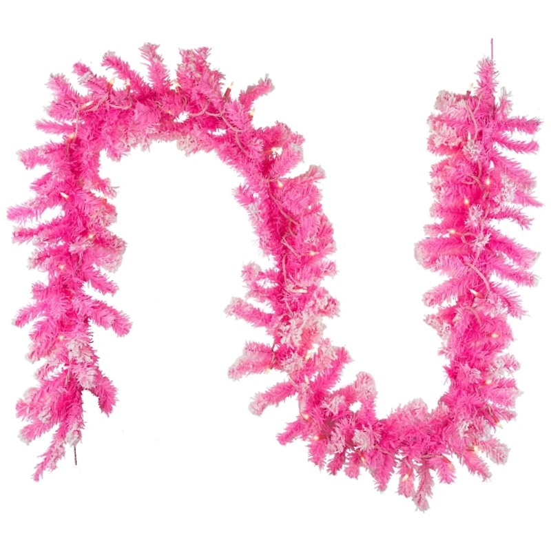 Pre-Lit Pink Flocked Pine Garland