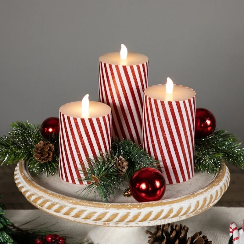 LED Flickering Candy Cane Pillar Candles, Set of 3