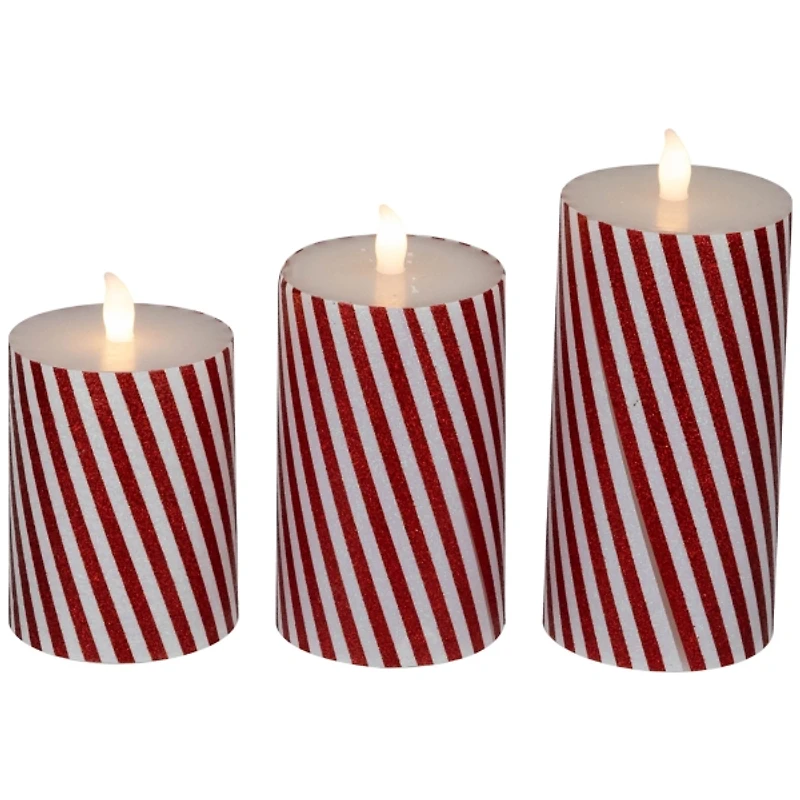 LED Flickering Candy Cane Pillar Candles, Set of 3