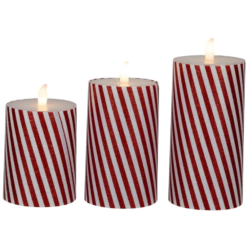 LED Flickering Candy Cane Pillar Candles, Set of 3