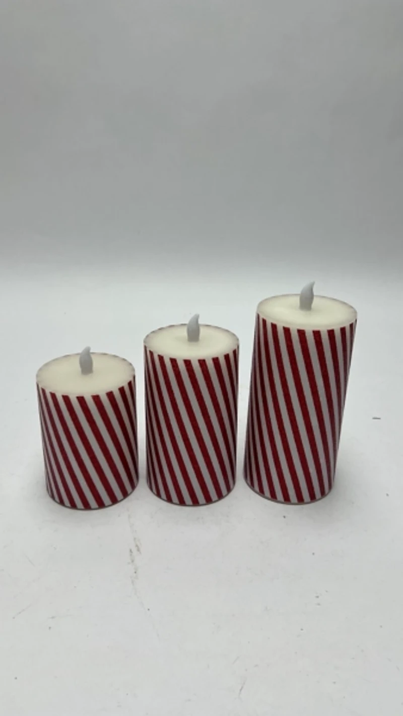 LED Flickering Candy Cane Pillar Candles, Set of 3