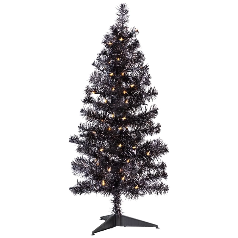 Pre-Lit Black Tinsel Halloween Tree, 3 ft.
