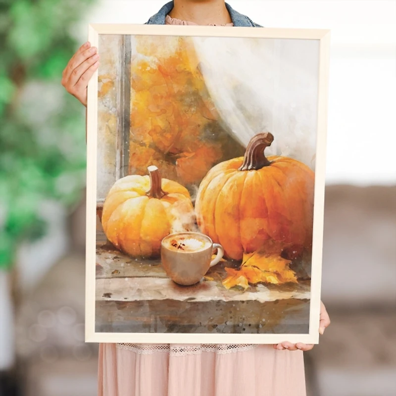 Coffee and Pumpkins Windowsill Framed Art Print