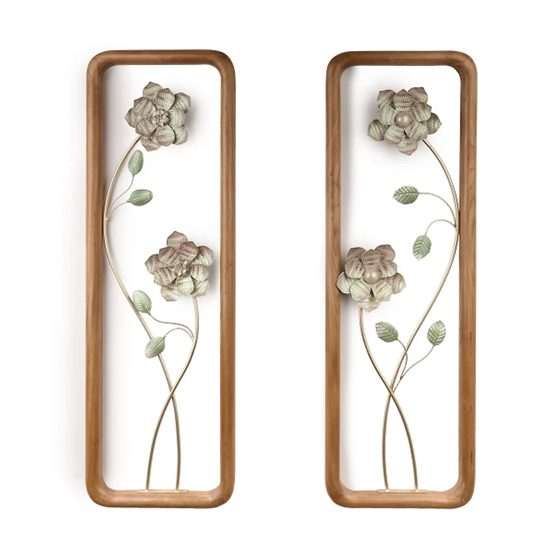 Wood and Metal Flower Wall Plaques, Set of 2