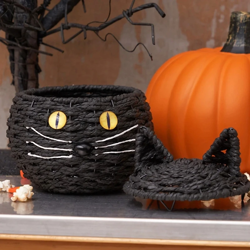 Handwoven Black Cat Halloween Basket