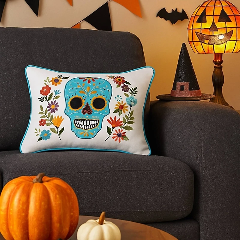 Aqua Sugar Skull Lumbar Pillow