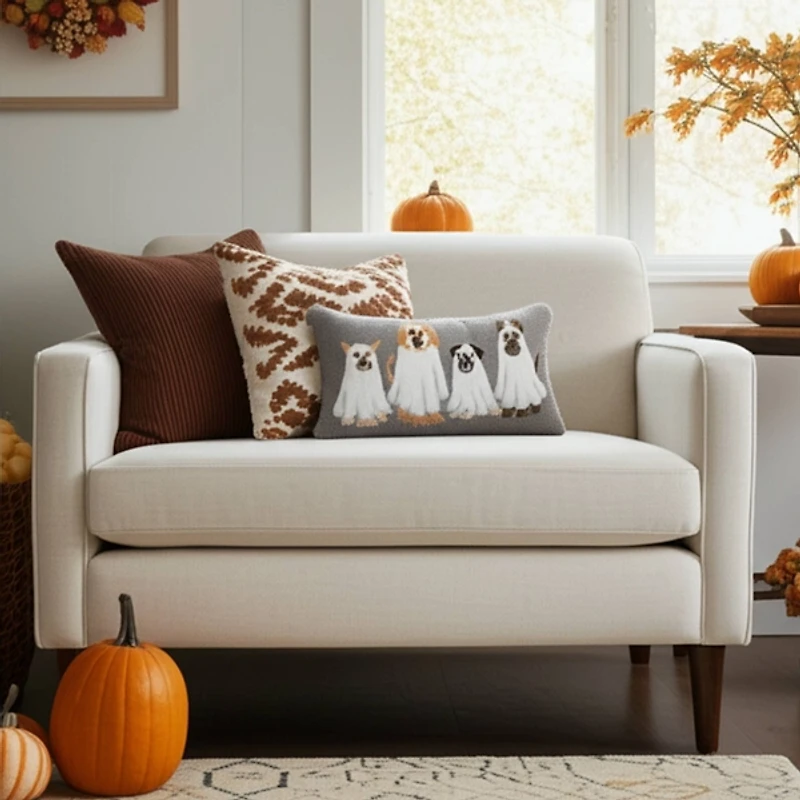 Ghost Dogs Halloween Hooked Pillow