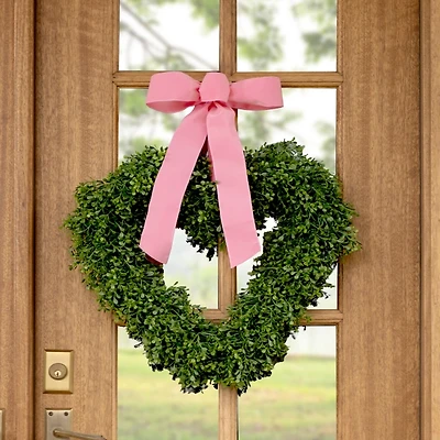 Pink Bow Heart Shaped Boxwood Wreath