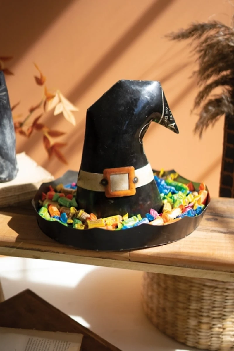 Black Recycled Iron Witch Hat Halloween Candy Bowl