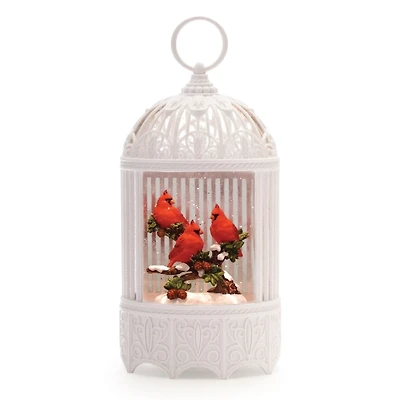 LED White Cardinal Birdcage Snow Globe