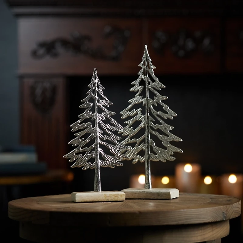 Metallic Silver Pine Trees, Set of 2