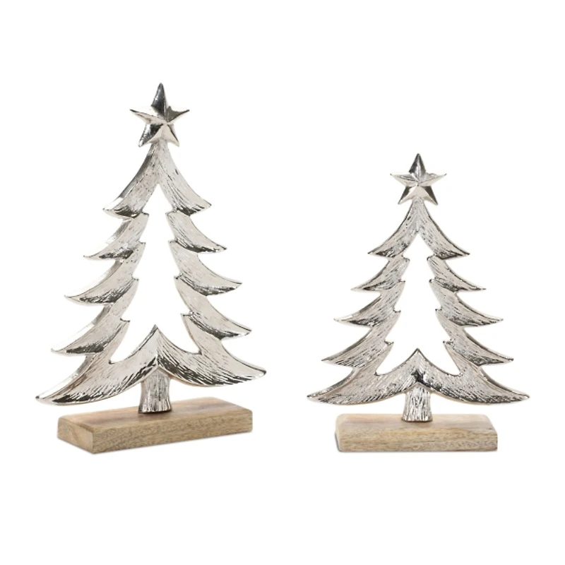 Silver Metal Pine Tree Figurines, Set of 2