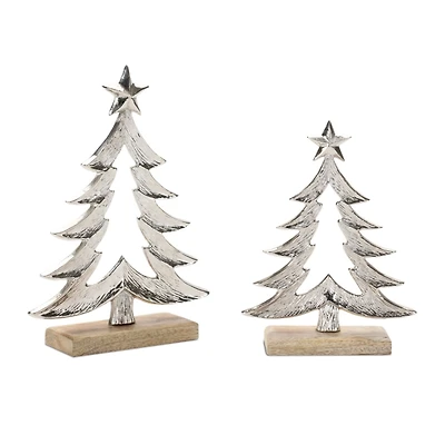 Silver Metal Pine Tree Figurines, Set of 2