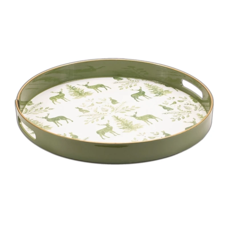 Green Deer & Pine Trees Round Tray