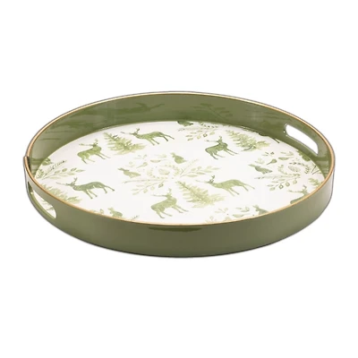 Green Deer & Pine Trees Round Tray