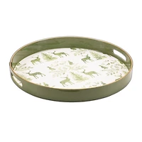 Green Deer & Pine Trees Round Tray