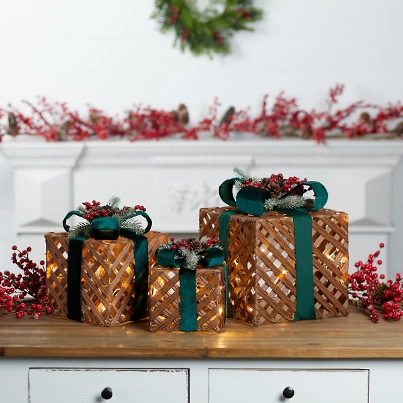 LED Woven Christmas Gifts with Bows, Set of 3